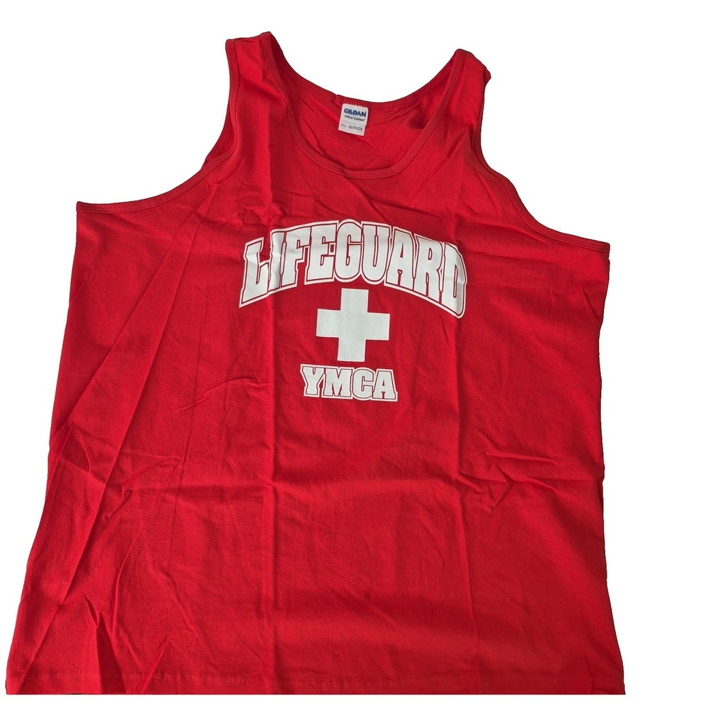 Gildan‎ Tank Top Shirt Mens 2XL Red Lifeguard YMCA Graphic Beach Ultra Cotton